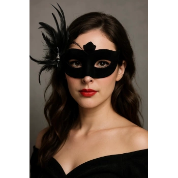 Siyah Renk Yandan Tüylü Süet Kaplama Beyaz İncili Parti Maskesi 18x15 Cm