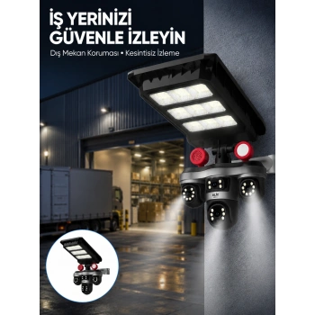 Solar Panelli 3 Lens Dış Mekan Güvenlik Kamerası Hareket Algılamalı Led Aydınlatmalı