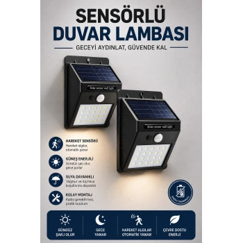 Solar Sensörlü Duvar Lambası Bahçe Lamba 20 Led Işık