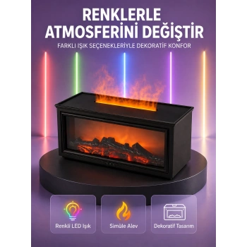 Şömine Görünümlü Hava Nemlendirici Renkli Led Işıklı Aroma Difüzörü
