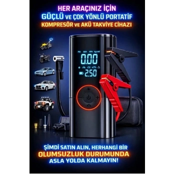 St-9650 Şarjlı 10.000 Mah Taşınabilir Araç Hava Kompresörü Akü Takviyeli Dijital Ekranlı Işıklı Çantalı