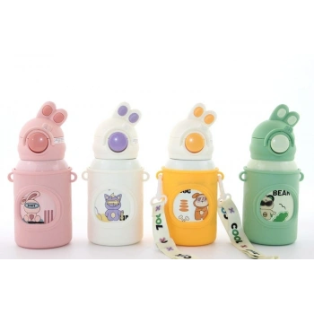 Tavşan Kulaklı Pipetli Çocuk Termosu - 500 Ml Paslanmaz Çelik Suluk Alk2309