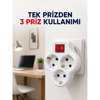 Tek Prizi 3’lü Yapan Anahtarlı Priz Adaptörü Topraklı Priz Çoğaltıcı