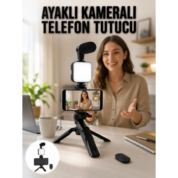 Telefon Tutucu Led Işıklı Kumandalı Mikrofon Telefon Vlog Video Kayıt Yeni Nesil