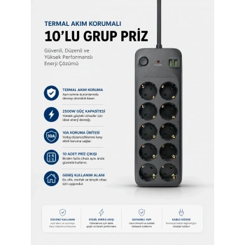 Termal Akım Korumalı Usb Type-c Girişli 10lu Grup Priz 2500w Güç Kapasitesi (kopya)