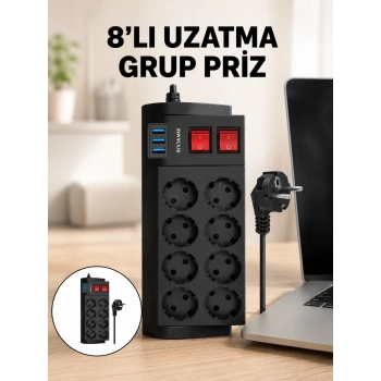 Termal Korumalı 8 Prizli 3 Usb’li Uzatma Kablosu Yeni Nesil