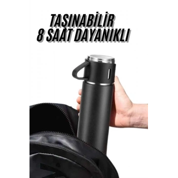 Termos Seti 3lü Bardak Seti Isı Dayanıklı Siyah Paslanmaz Çelik Vakumlu