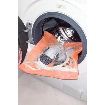 Turuncu - Fermuarlı - Hassas Çamaşır Terlik  Ayakkabı Yıkama Filesi Büyük Boy (599)