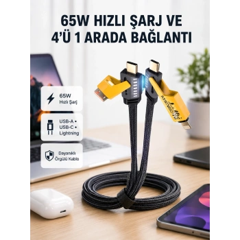 Usb-c Usb-a 4’ü 1 Arada Örgülü Kablo 65w Hızlı Şarj Metal Uç Dayanıklı