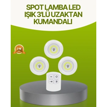 Uzaktan Kumandalı 3 Lü Kablosuz Led Spot Lamba Seti Yapışkanlı Pratik Kullanım