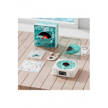 Waves Nostalji Plak Görünümlü Bluetooth Hoparlör 3d Ses Dalgası Retro Müzik Plak Mavi