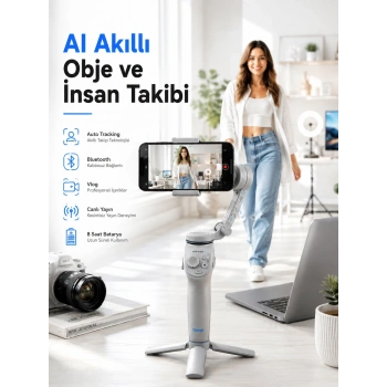 Yapay Zeka Takipli Telefon Gimbali Katlanabilir Tripod Bluetooth Kontrollü Dahili Led Işıklı