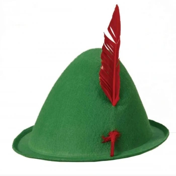 Yeşil Renk Kırmızı Tüylü Peter Pan Şapkası Robin Hood Şapkası 24x23 Cm
