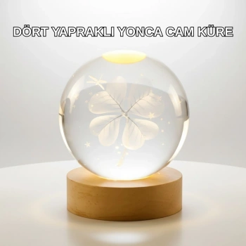 Yonca Figürlü Cam Küre Usb Işıklı Ahşap Tabanlı Dekoratif Masa Lambası