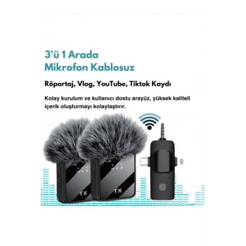 Yüksek Kalite Profesyonel 3 In 1 Kablosuz Taşınabilir Yaka Mikrofonu Tüylü