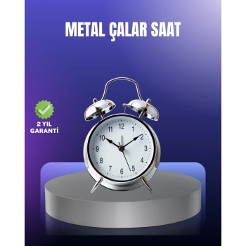 Yuvarlak Gümüş Dekoratif Işıklı Masa Üstü Saat Alarmlı Sessiz Çalışma