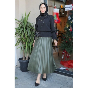 Zarif Ve Modern Pileli Parlak Krep Gizli Lastikli Haki Etek