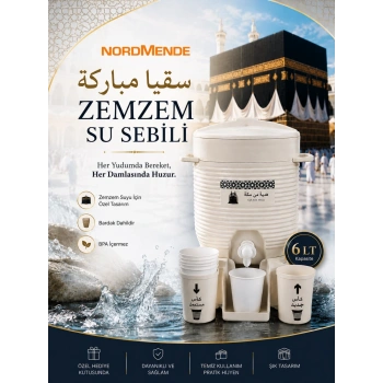 Zemzem Su Sebili 6 Lt | Kabe Temalı Zemzemlik | Bardaklıklı Hac Umre Hediyelik Sebil