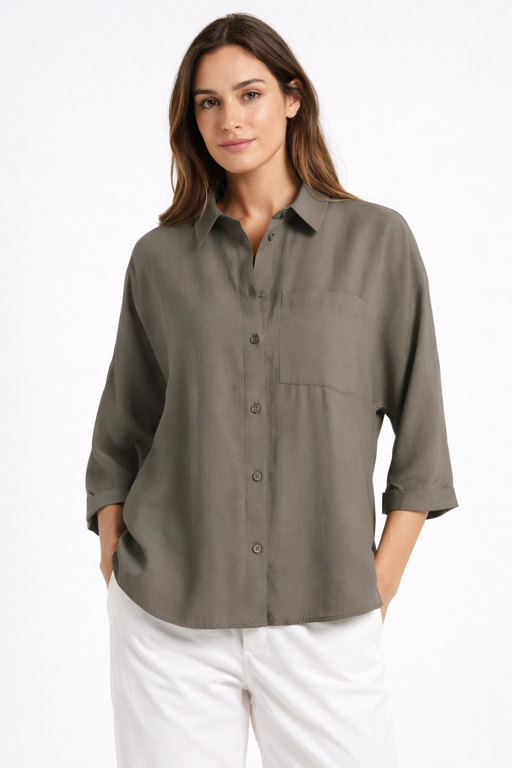 Zeytin Yeşili Oversize Uzun Kollu Gömlek