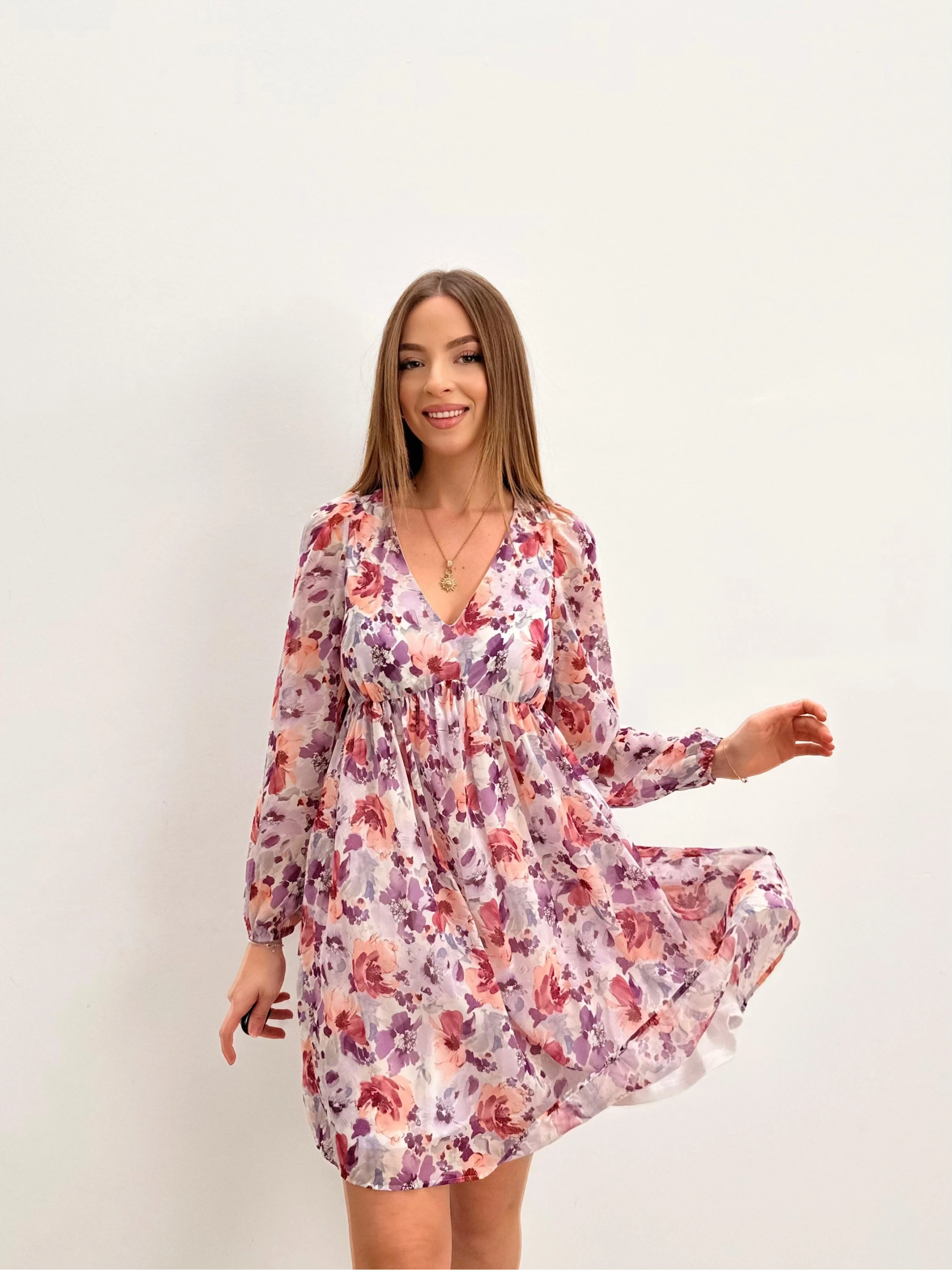 Çiçekli V Yaka Astarlı Uzun Kollu Elbise