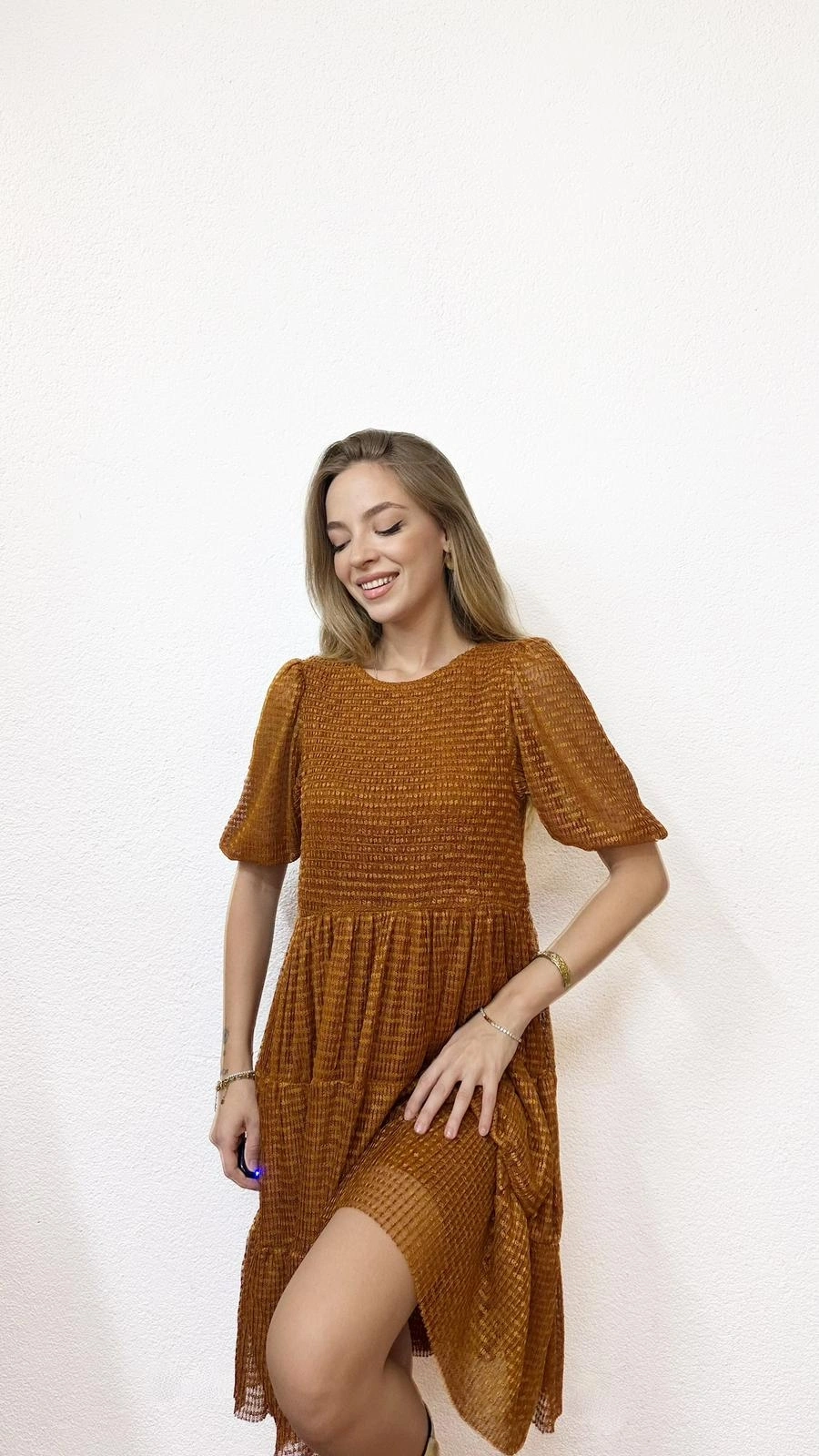 Astarlı Kısa Kollu Kiremit Elbise