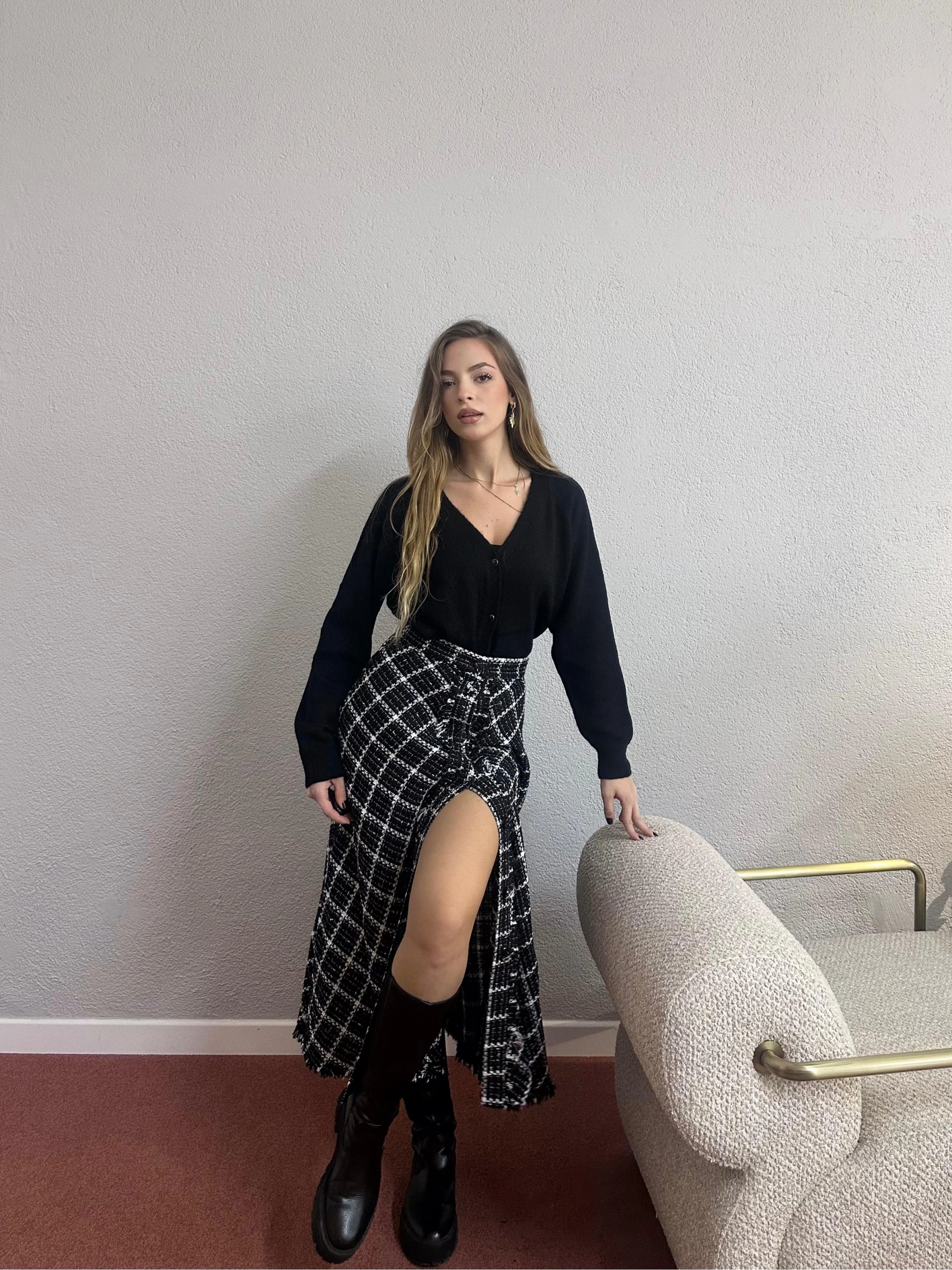 Ekoseli Düğmeli Tüvit Midi Etek