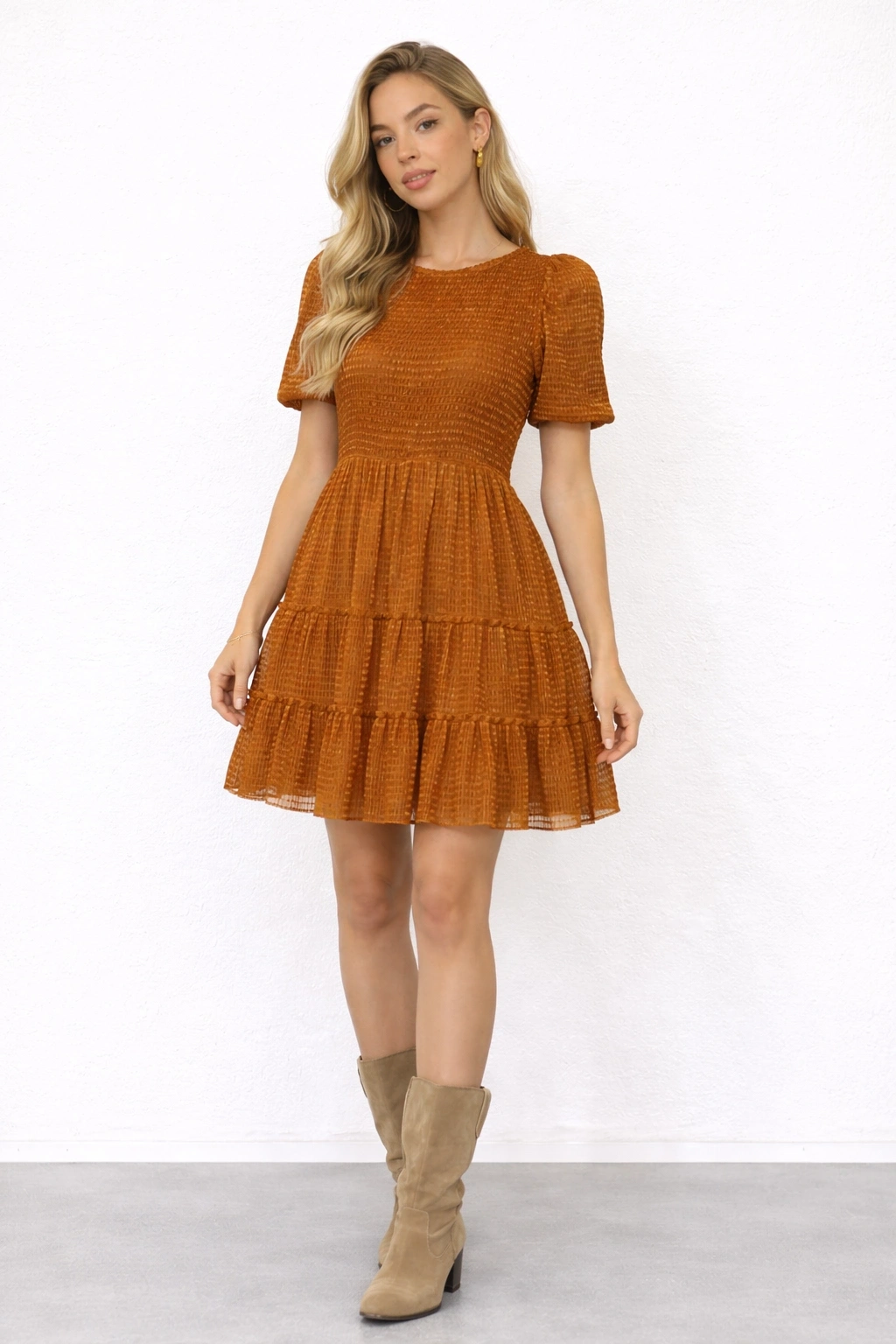 Kısa Kollu Astarlı Kiremit Elbise