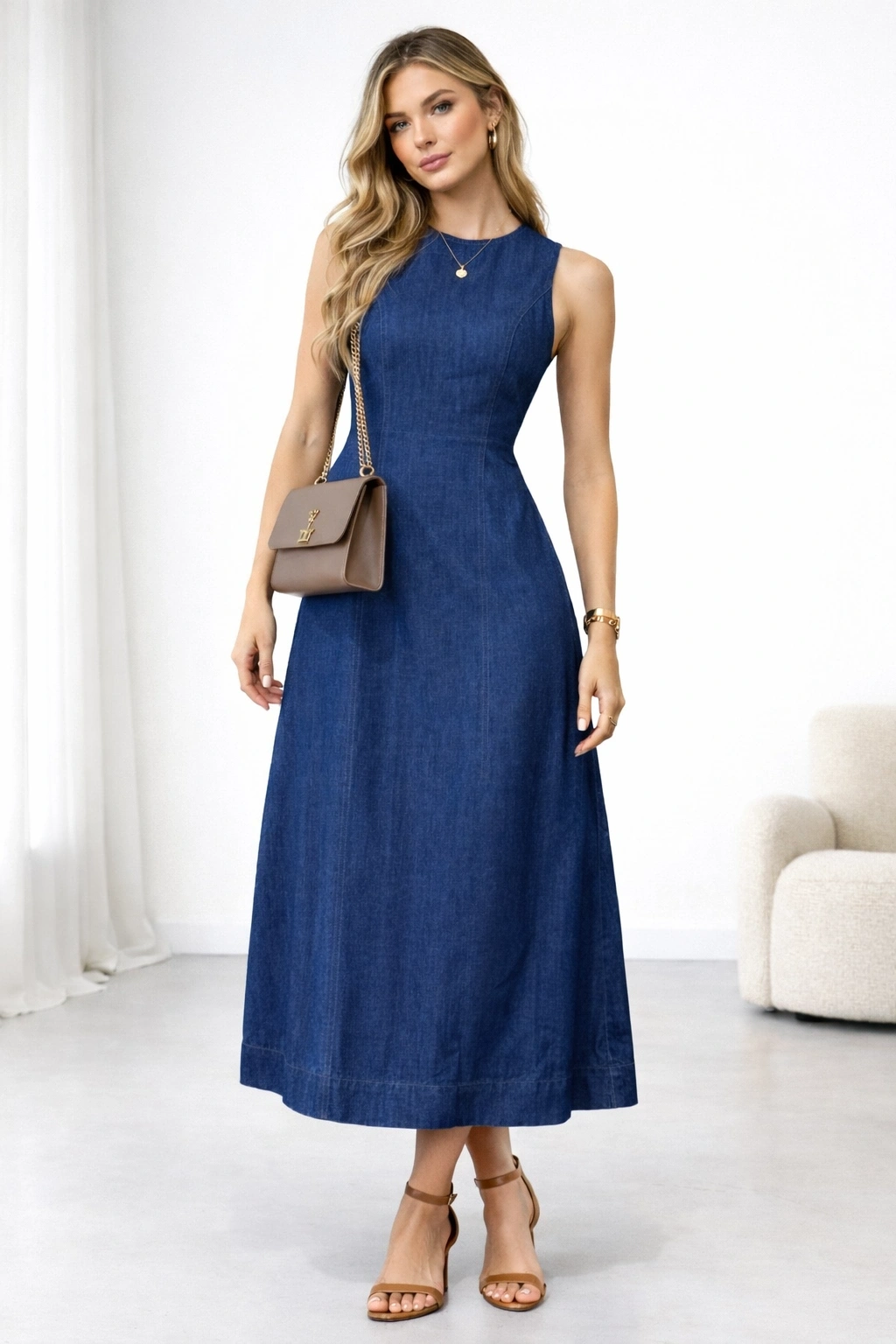 Sıfır Kol Mini Denim Elbise