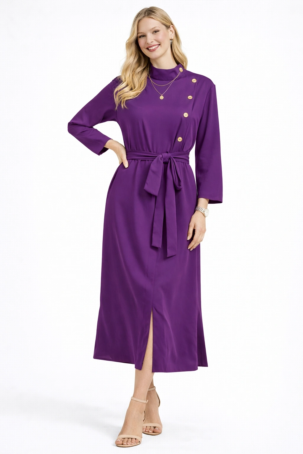 Yan Düğme Detaylı Mini Mor Elbise