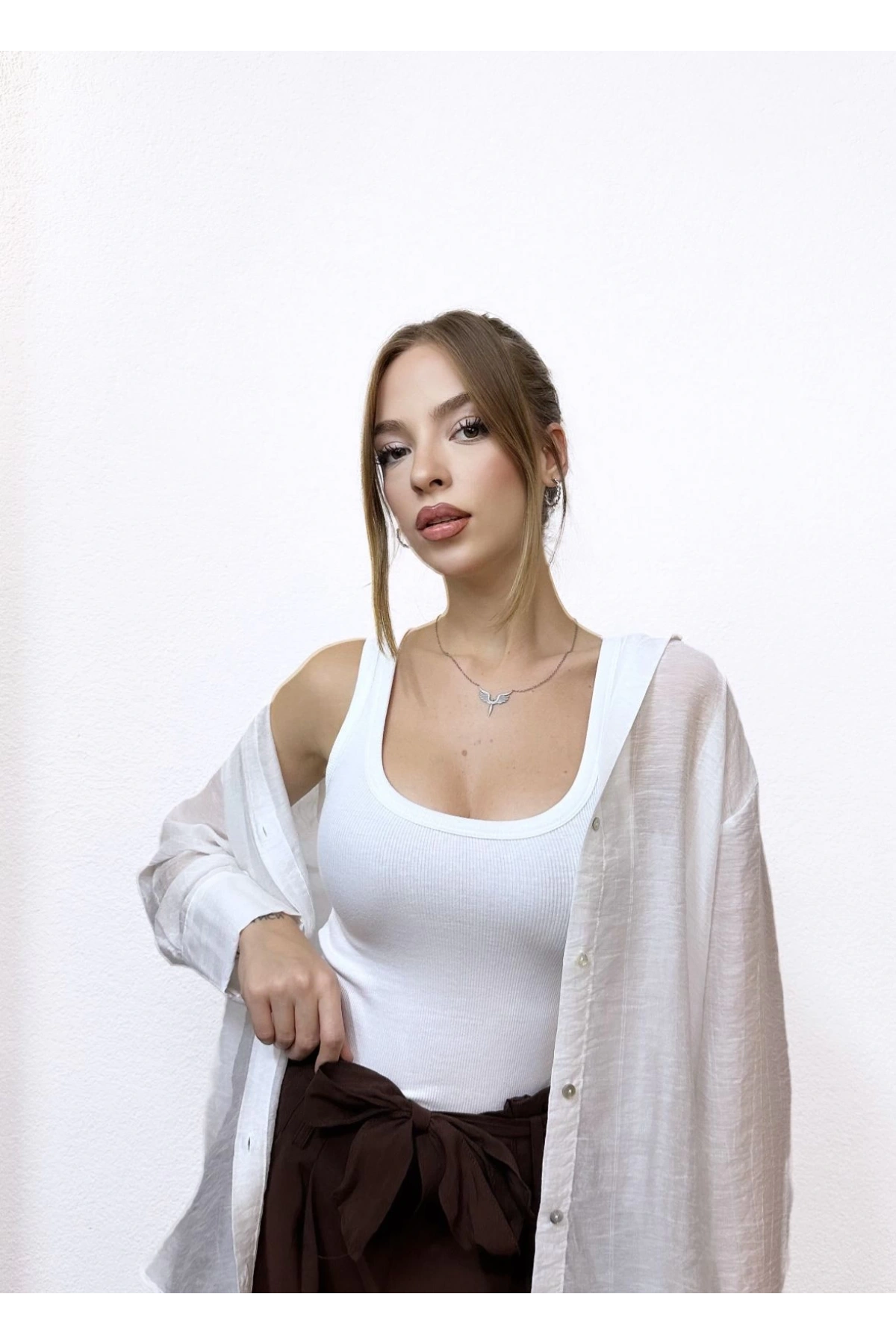 Kendinden Çizgili Viskon Gömlek