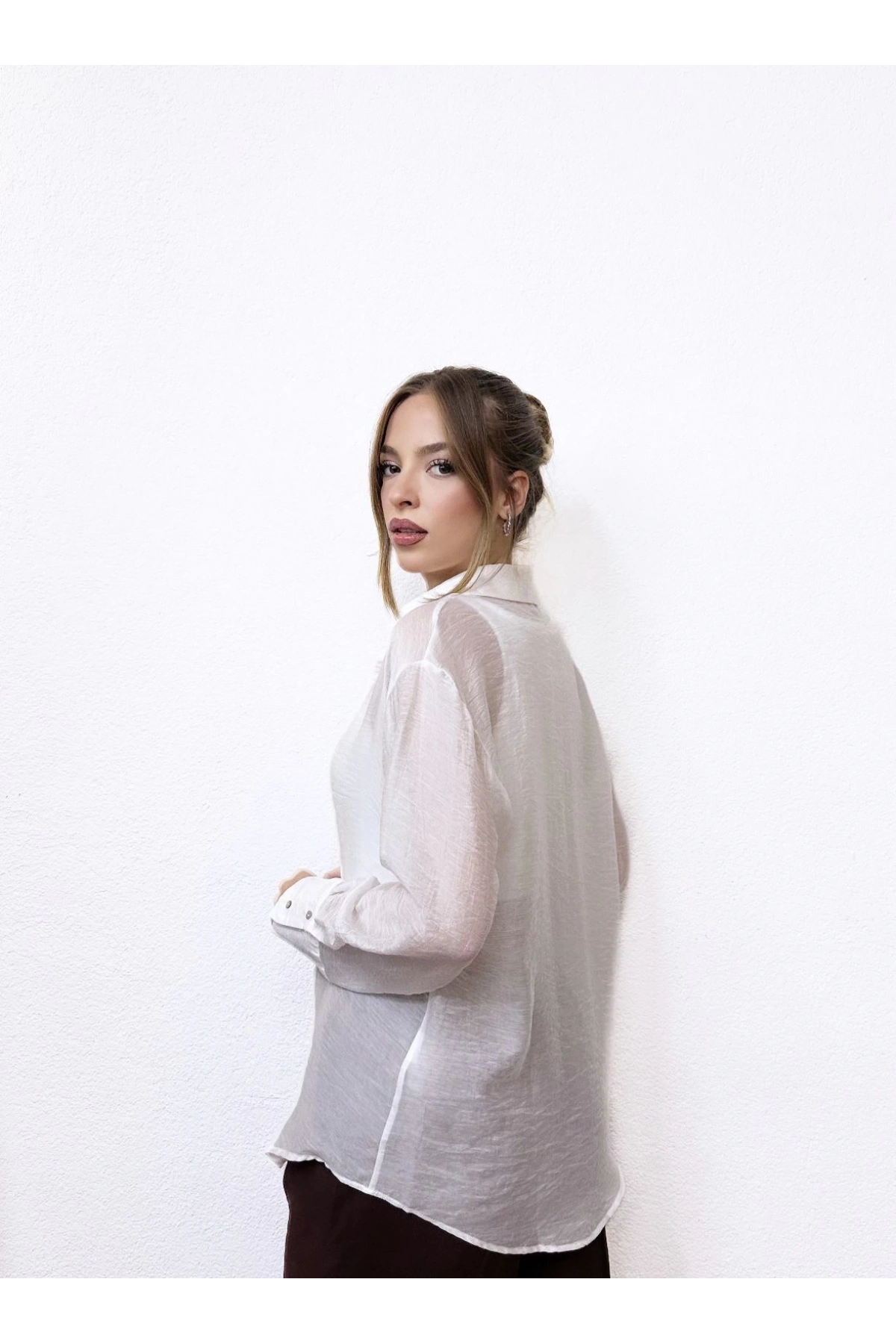 Kendinden Çizgili Viskon Gömlek