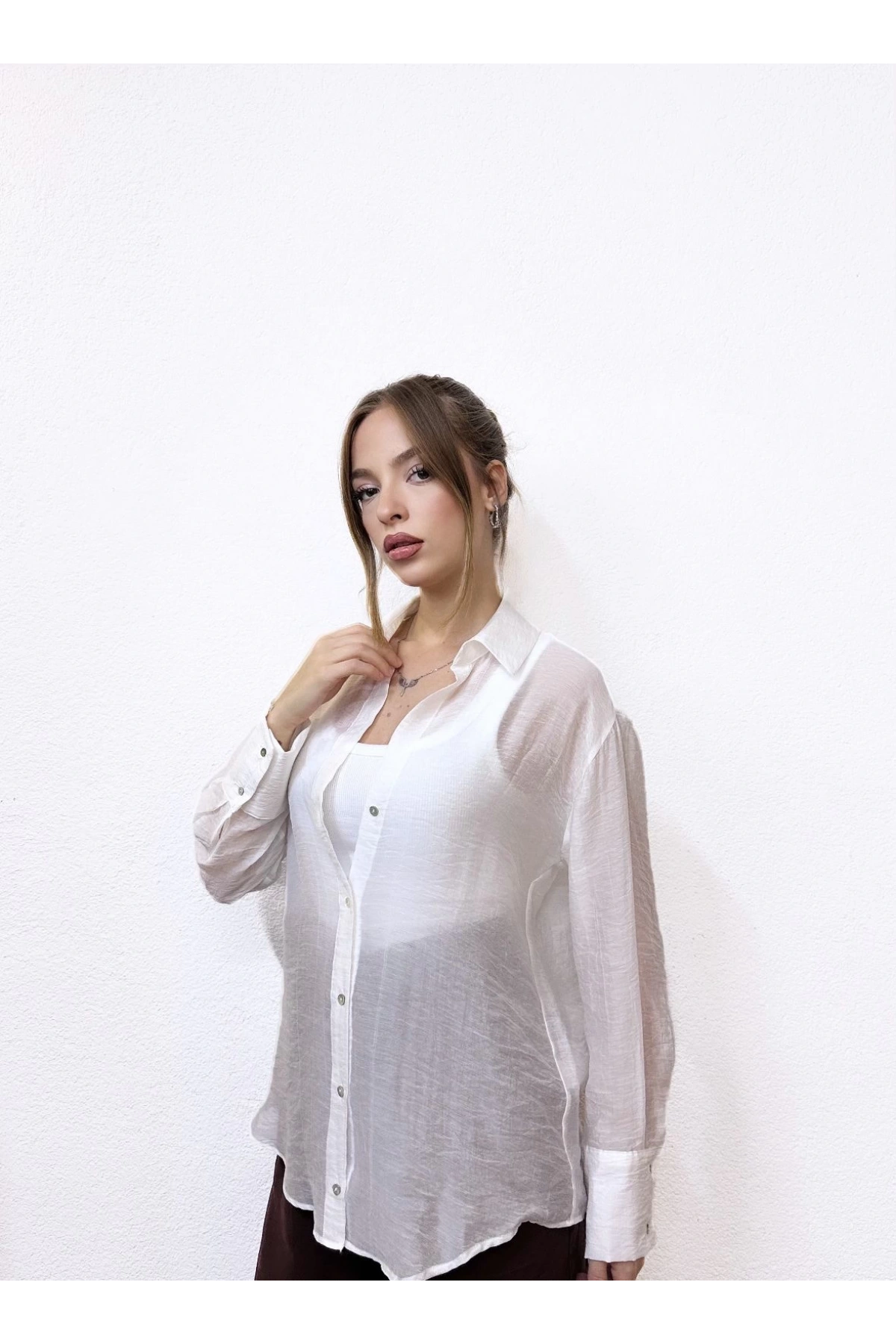 Kendinden Çizgili Viskon Gömlek