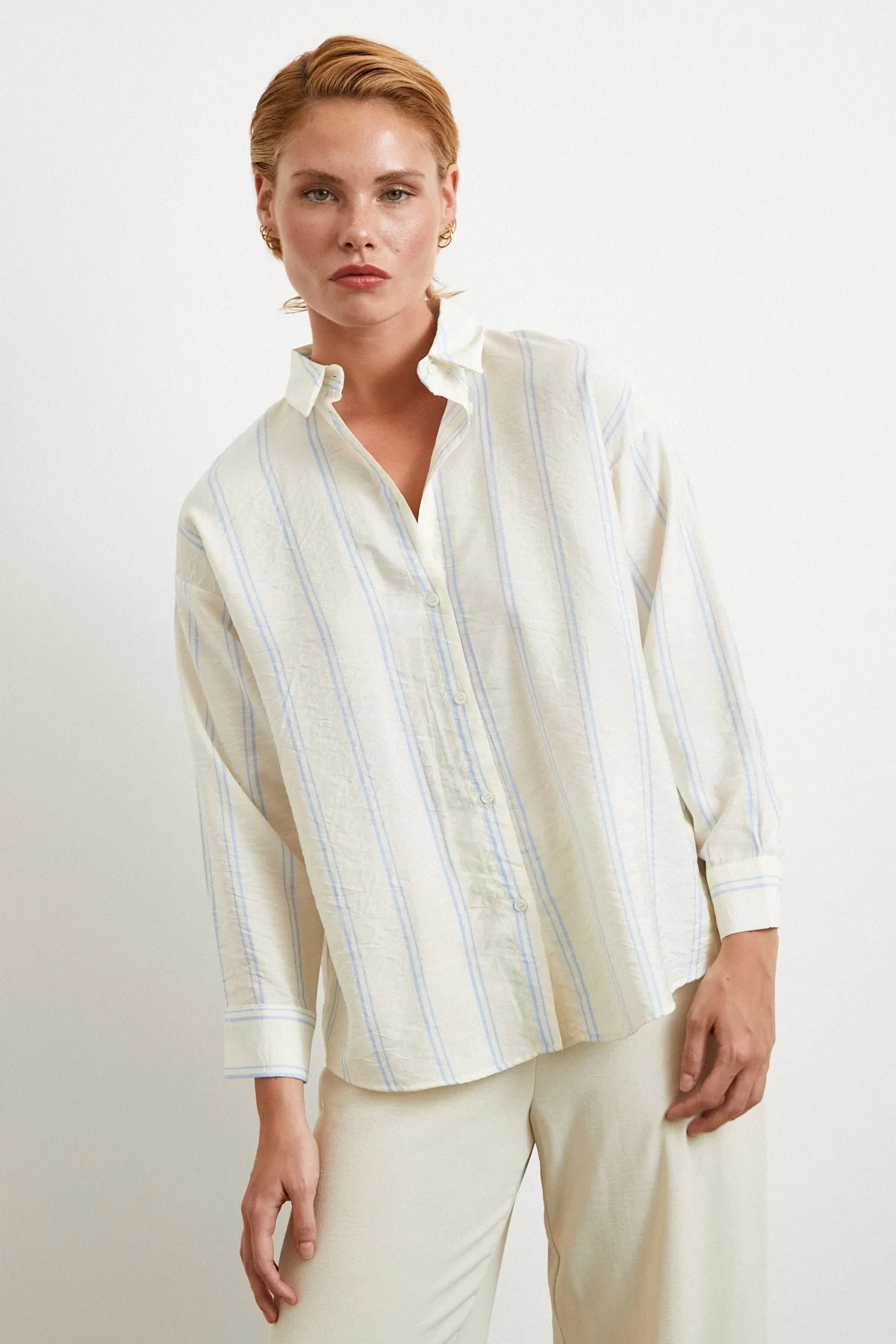 Dikey Çizgili Modal Oversize Gömlek