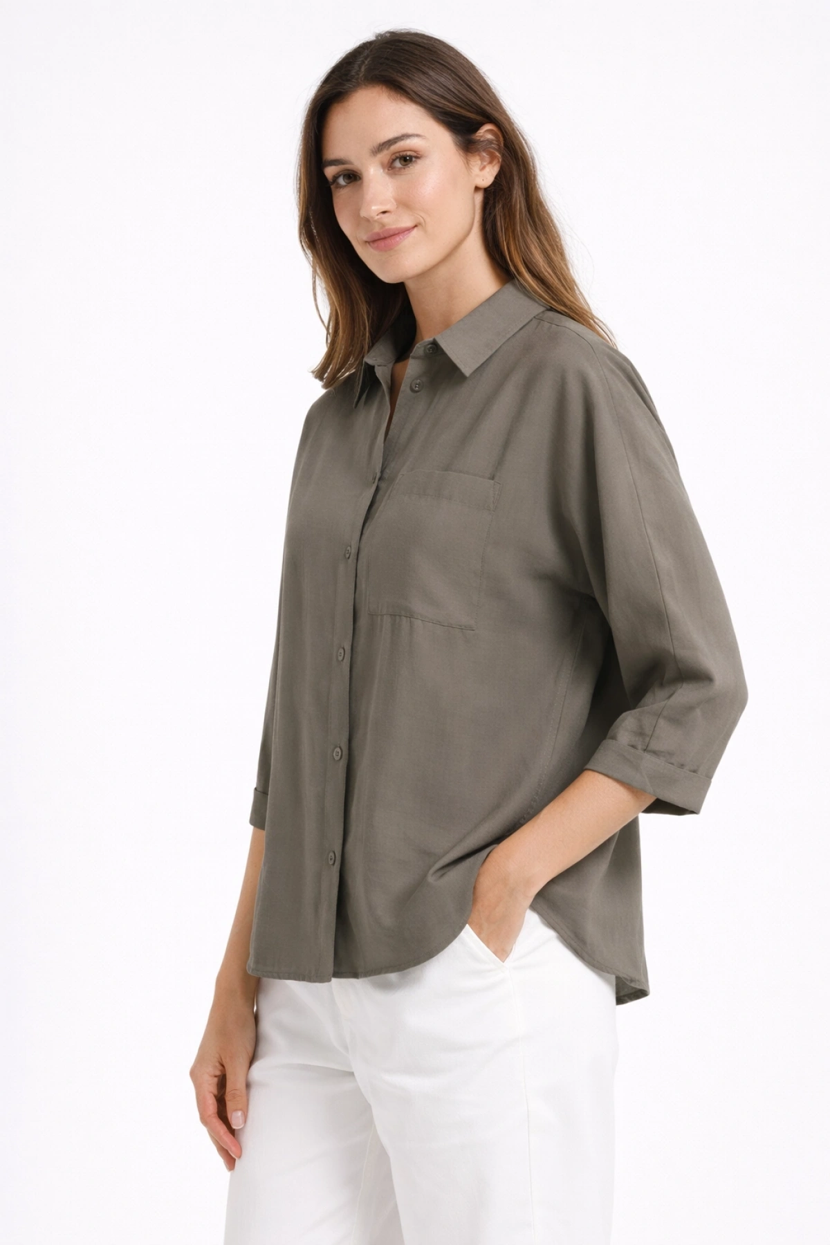 Zeytin Yeşili Oversize Uzun Kollu Gömlek
