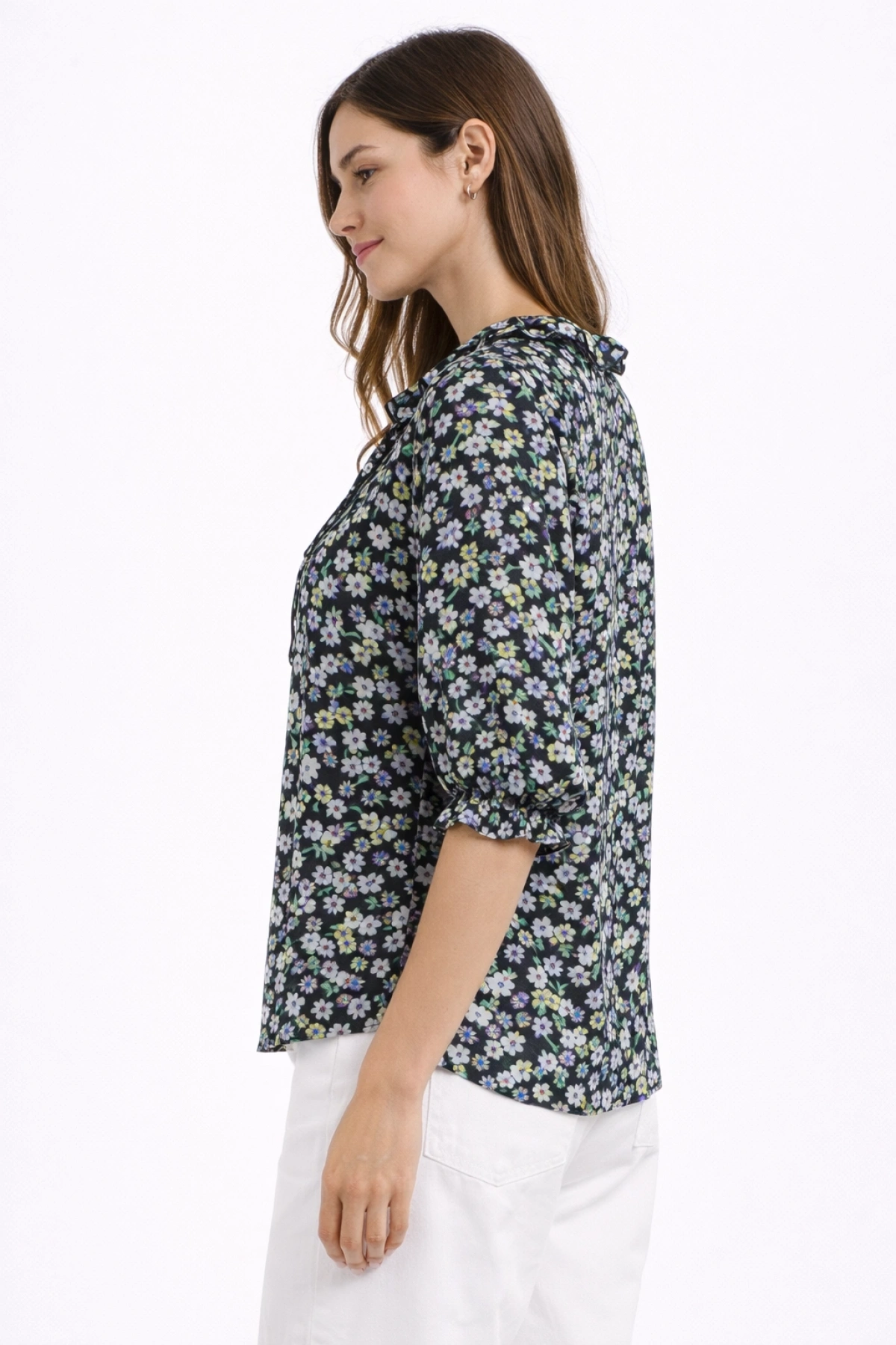 Floral Fırfırlı Düğmeli Fakir Kol Bluz