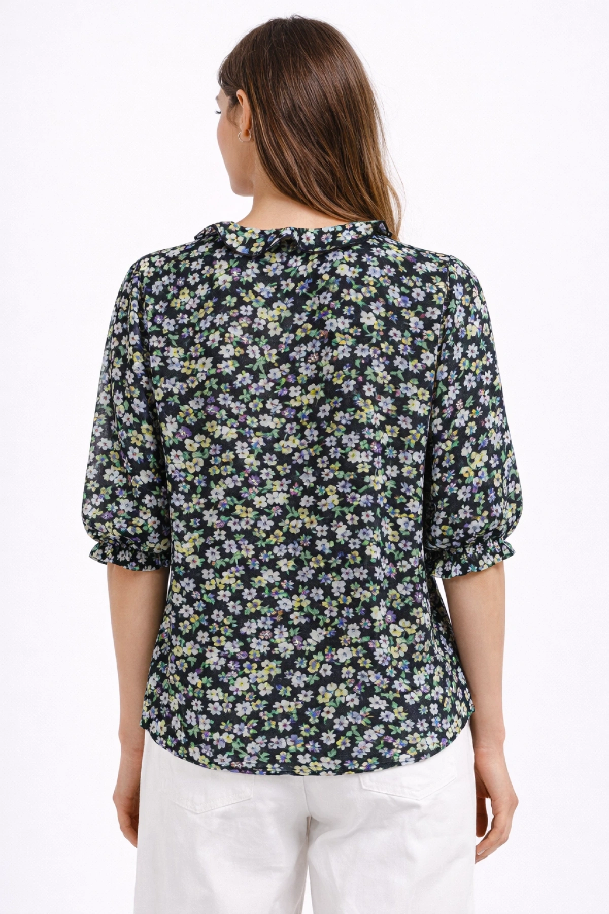 Floral Fırfırlı Düğmeli Fakir Kol Bluz