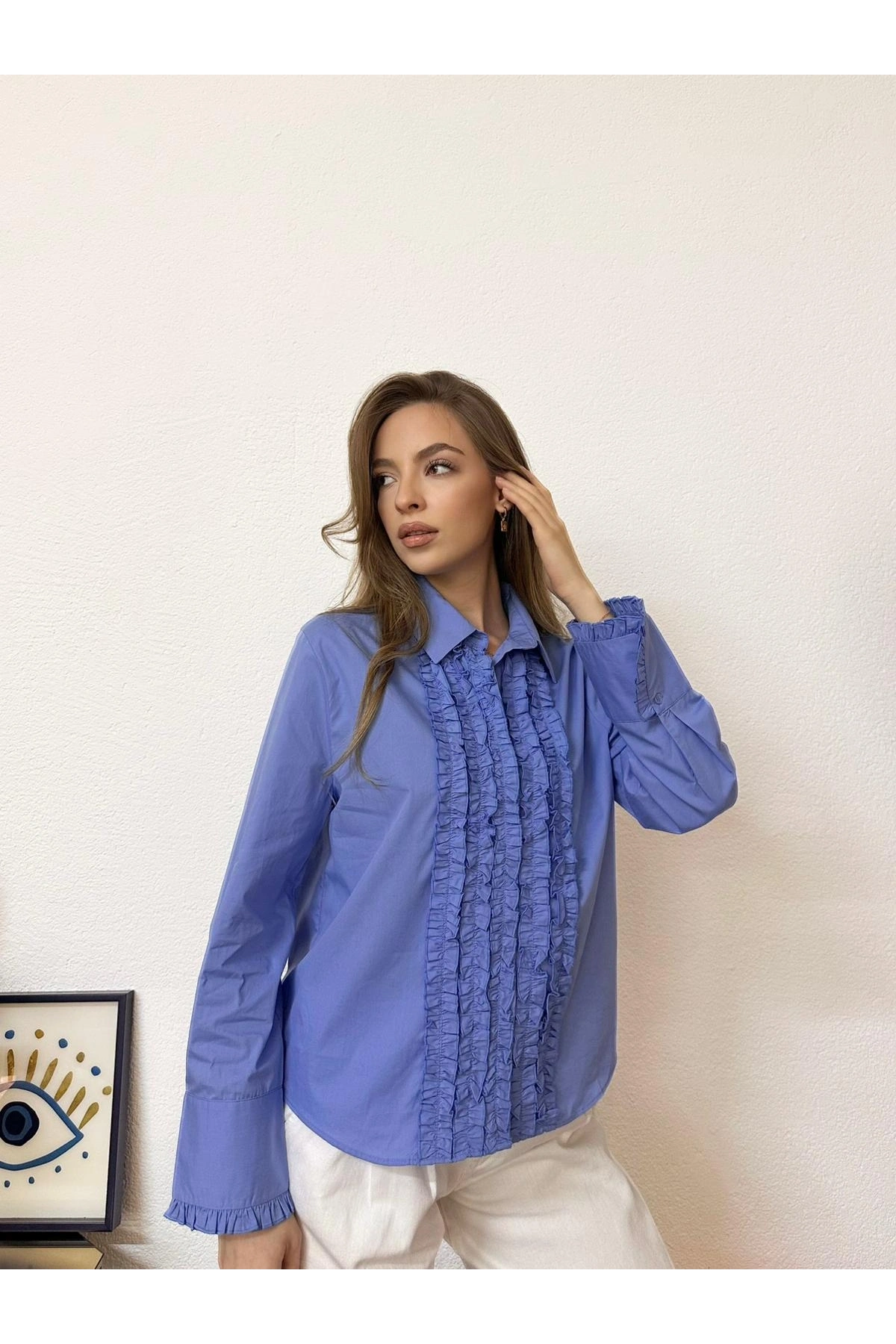 Fırfır Detaylı Uzun Kollu Gömlek Yaka Pamuklu Bluz