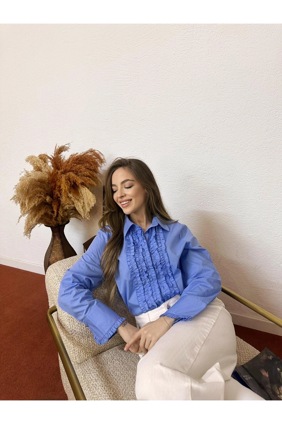 Fırfır Detaylı Uzun Kollu Gömlek Yaka Pamuklu Bluz