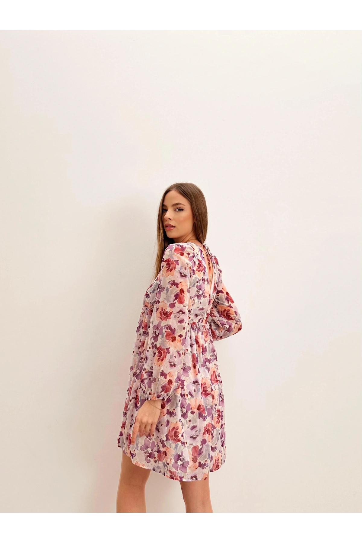 Çiçekli V Yaka Astarlı Uzun Kollu Elbise