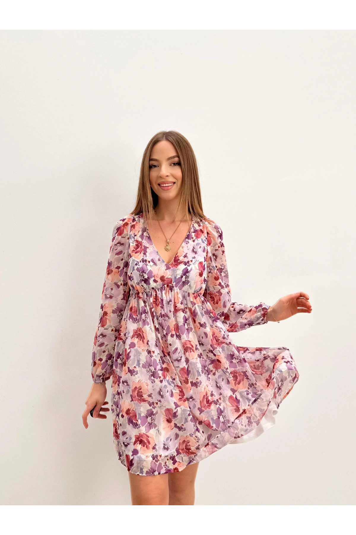 Çiçekli V Yaka Astarlı Uzun Kollu Elbise