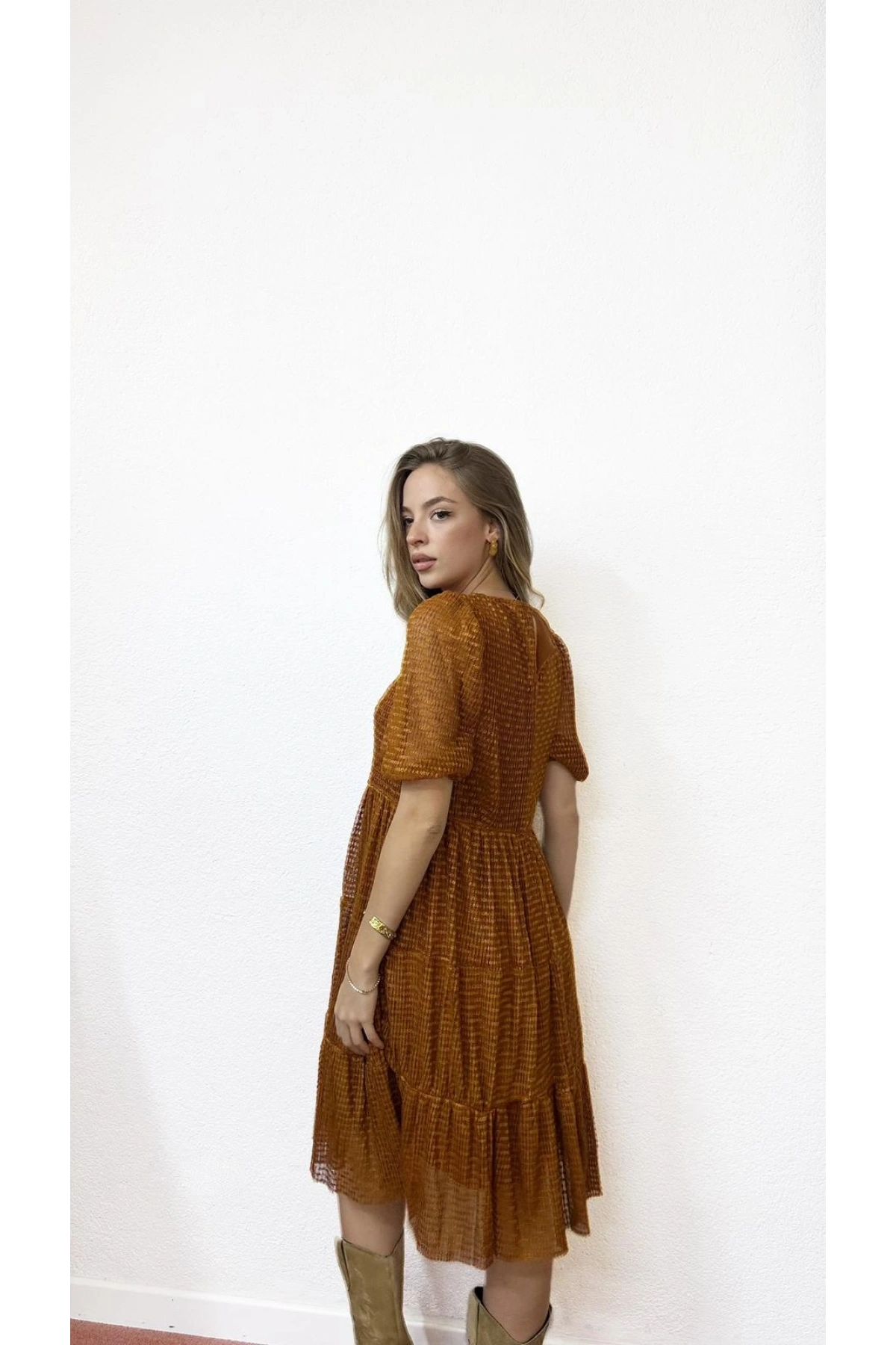 Astarlı Kısa Kollu Kiremit Elbise