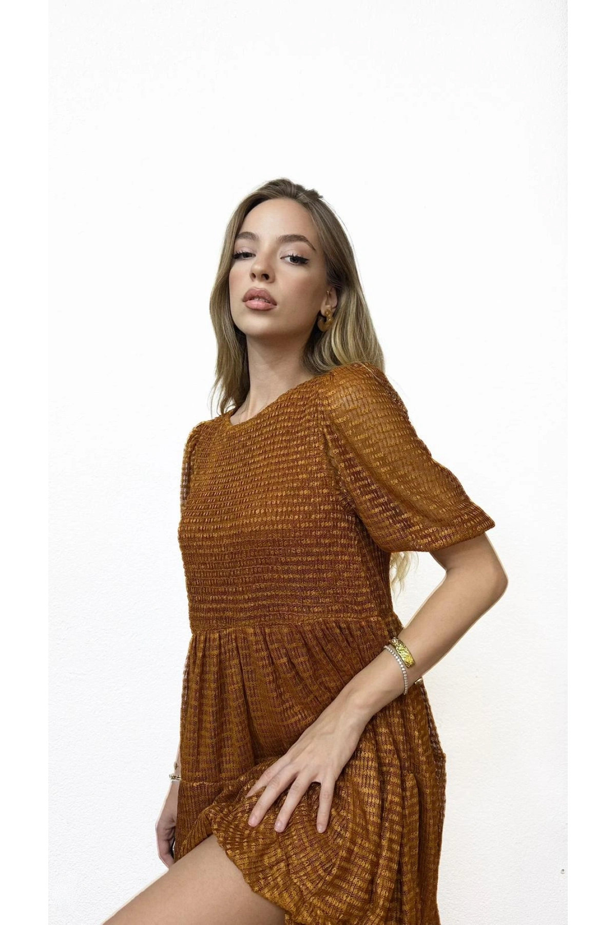 Astarlı Kısa Kollu Kiremit Elbise