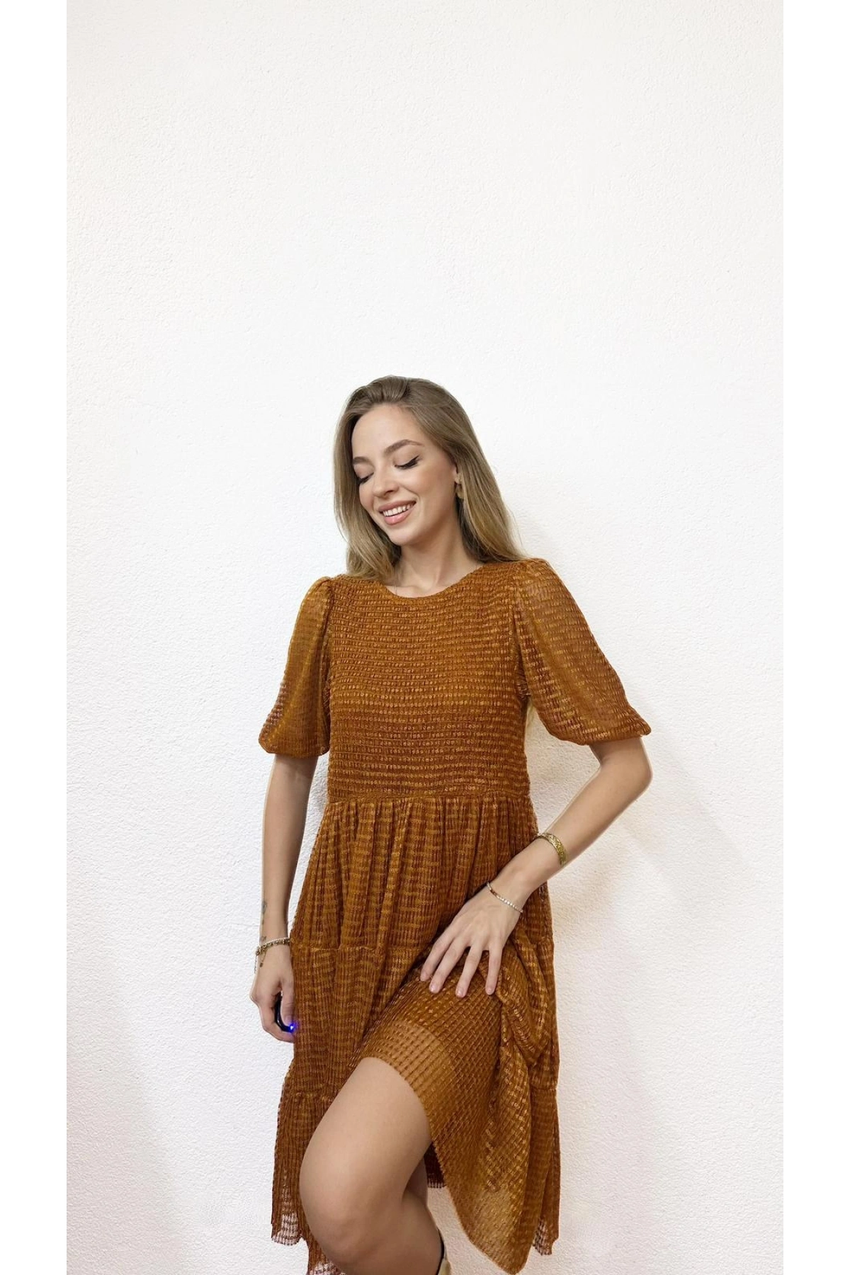 Astarlı Kısa Kollu Kiremit Elbise