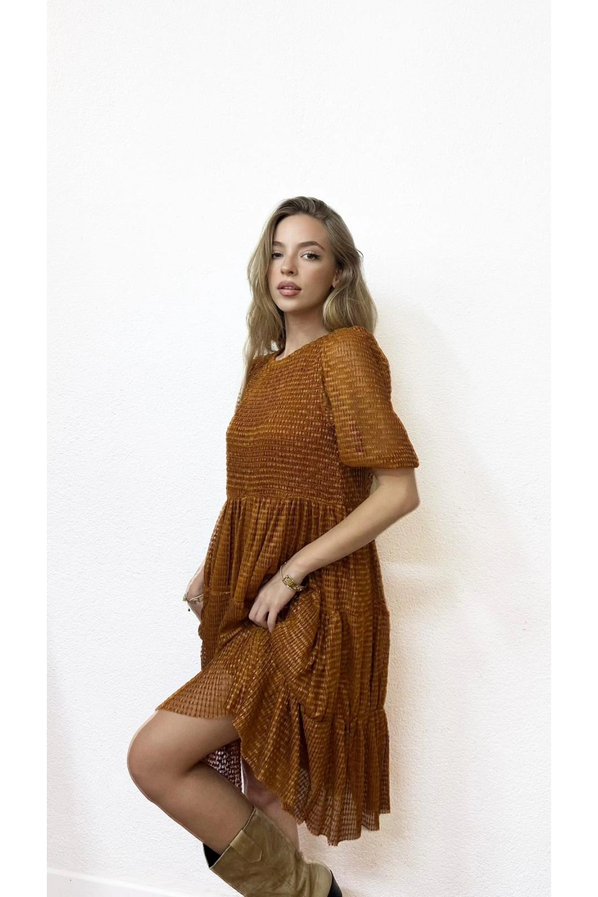 Astarlı Kısa Kollu Kiremit Elbise