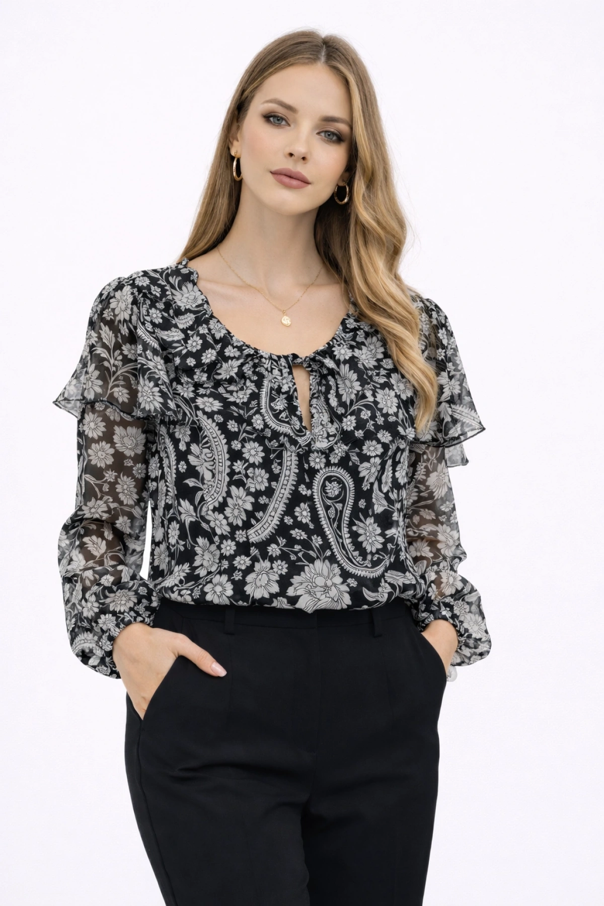 Balon Kol Astarlı Çiçek Desenli Geniş Kalıp Siyah Bluz