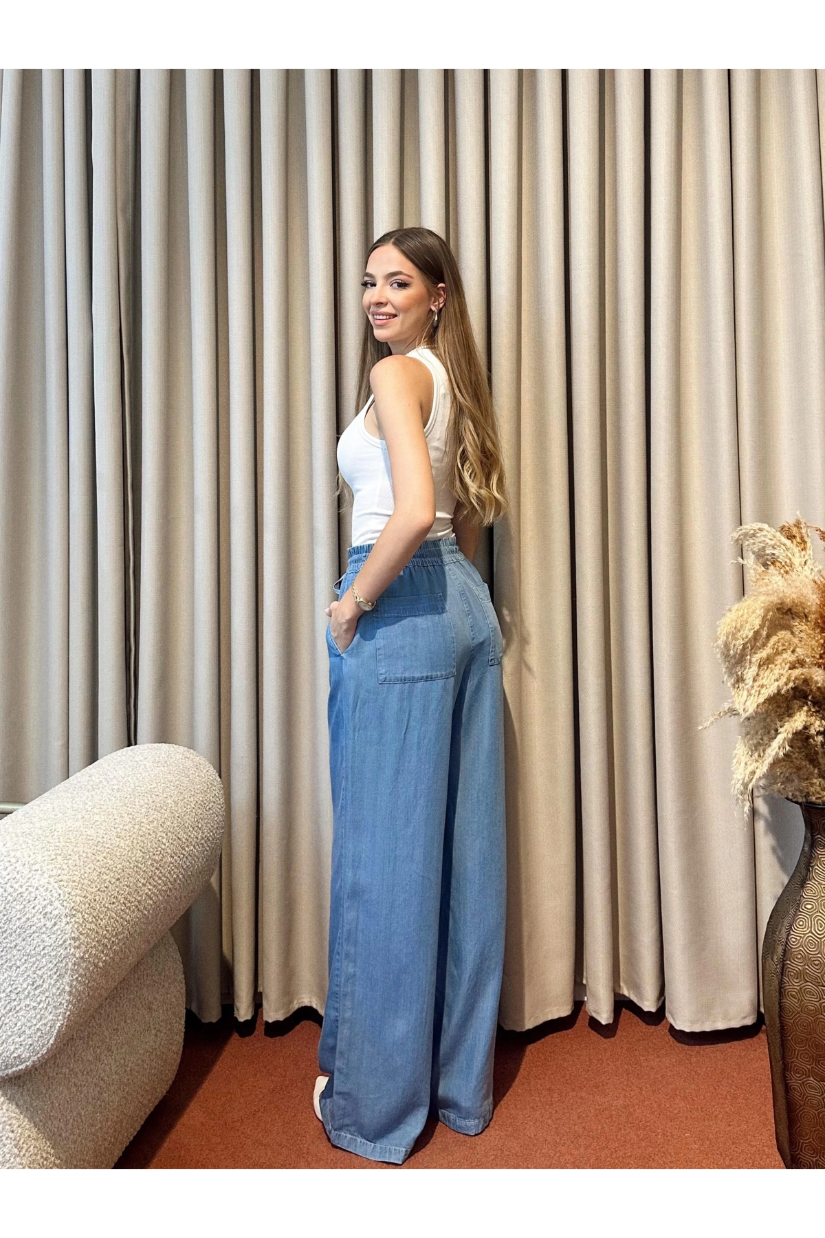 Beli Lastikli Önü Bağlamalı Bol Paça Pantolon