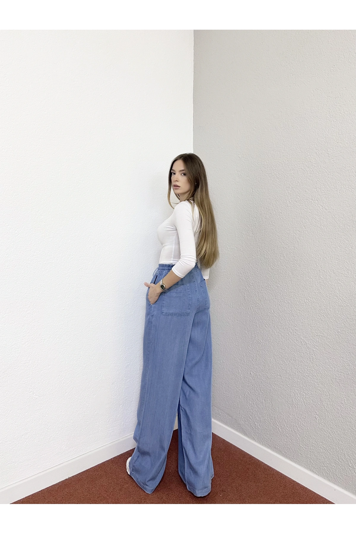 Beli Lastikli Önü Bağlamalı Bol Paça Pantolon