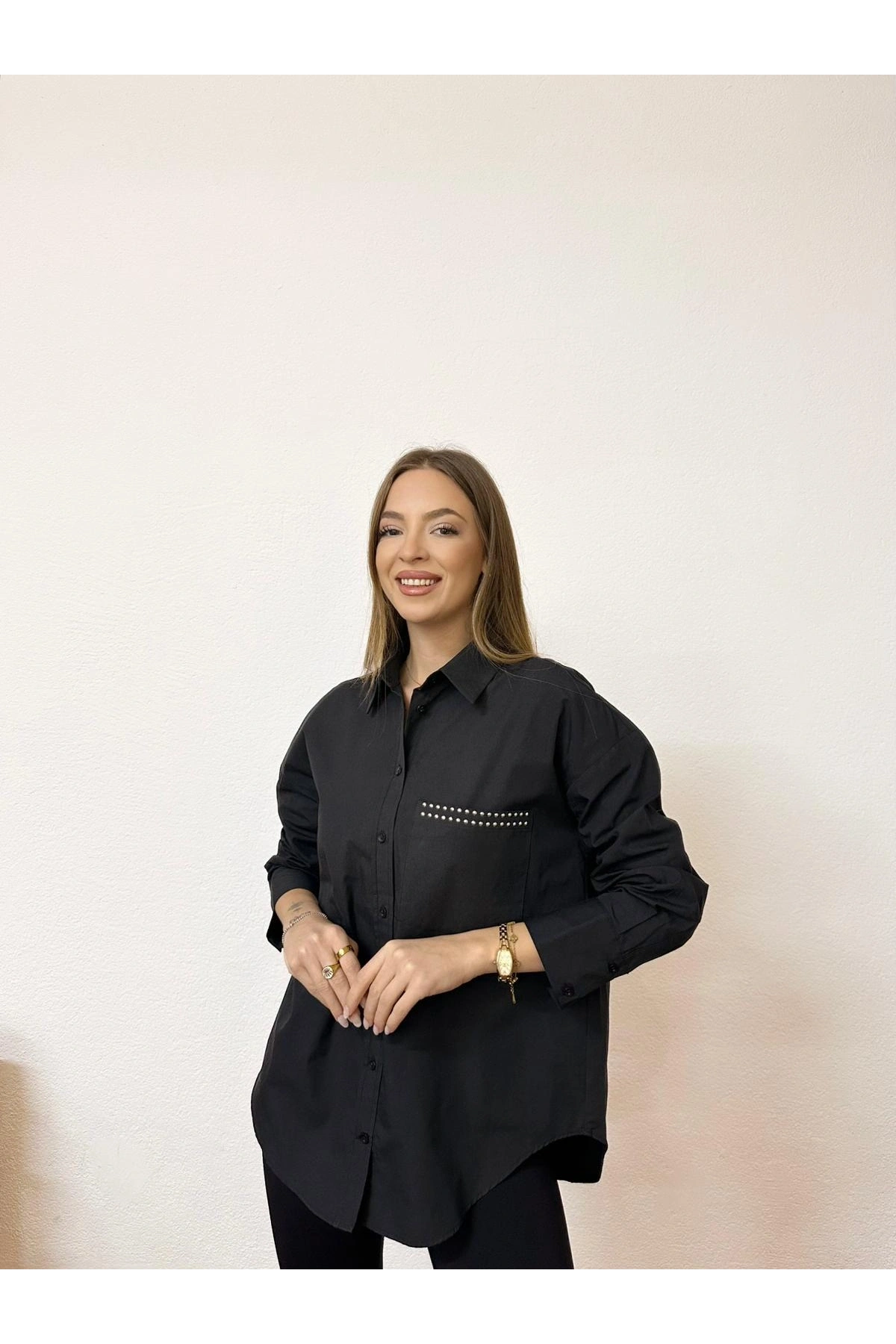 Cebi Taş Detaylı Poplin Gömlek