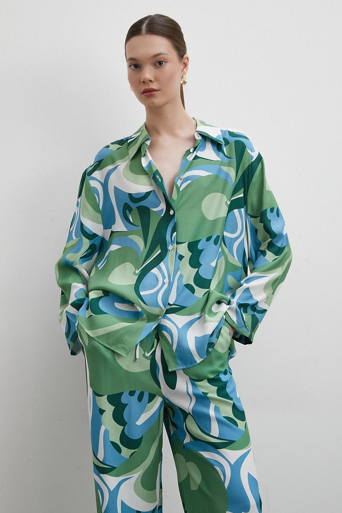 Dalga Desenli Oversize  Gömlek