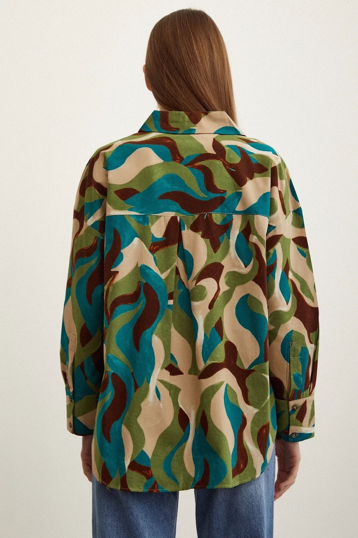 Desenli Oversize Pamuklu Poplin Gömlek